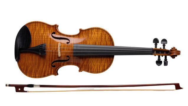 Ornate wooden violin with dark ebony fingerboard and matching bow, isolated on transparent background
