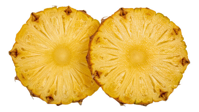 Two juicy pineapple slices with spiky brown rind, isolated on transparent background