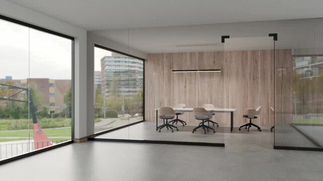 Camera rotation 3D animation of modern cozy co working space interior with wooden desks, bookshelves, and sofa in bright daylight.