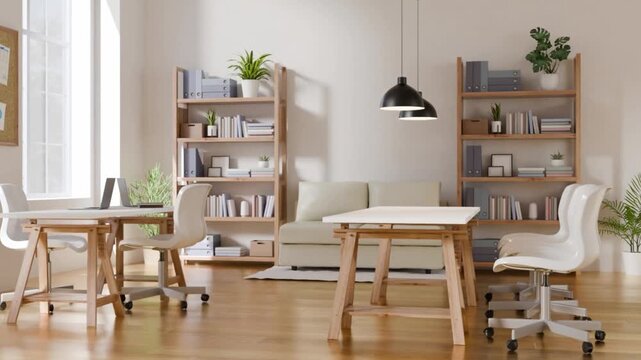Camera rotation 3D animation of modern cozy co working space interior with wooden desks, bookshelves, and sofa in bright daylight.