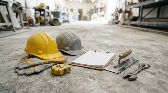 Construction tools and safety gear including hard hats, gloves, tape measure, trowel, wrench, and blank invoices on concrete surface