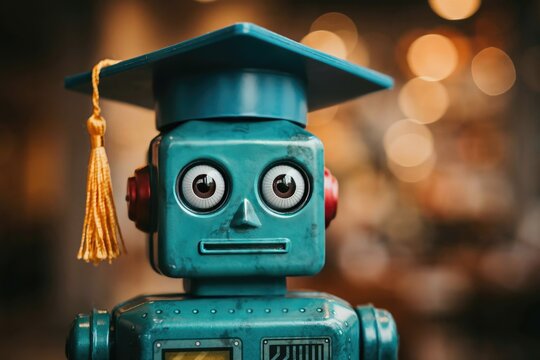 Teal robot head wearing a graduation cap with a yellow tassel