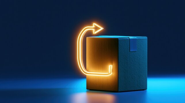 A glowing return arrow surrounds a generic parcel in a bright setting. The design highlights the concept of easy returns in a modern way.