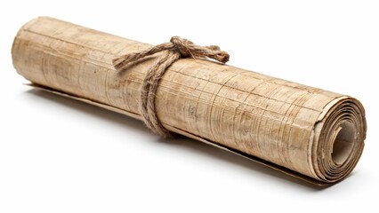 Rolled ancient papyrus scroll tied with rustic twine, isolated on white