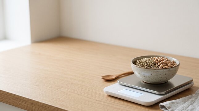 Bowl of Mixed Raw Legumes Being Measured on a Digital Kitchen Scale on a Light Wood Surface