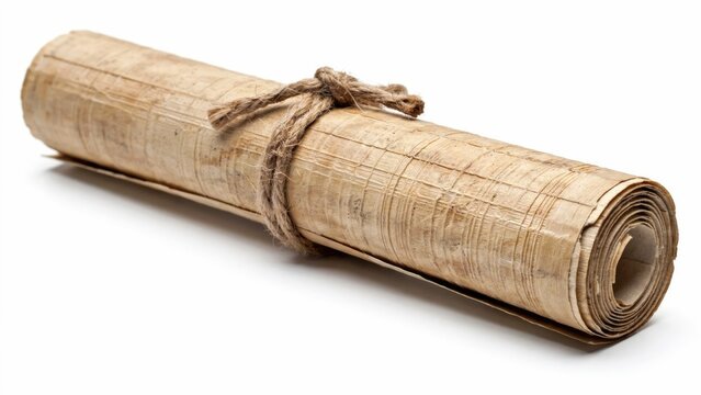 Rolled ancient papyrus scroll tied with rustic twine, isolated on white