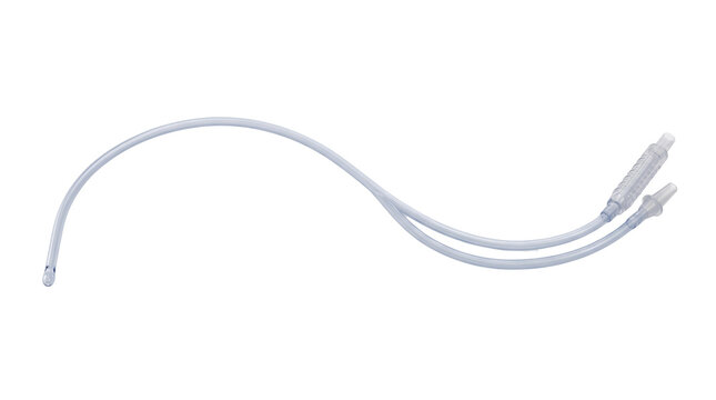 Medical urinary catheter on white background, sterile foley catheter for urology procedures, flexible silicone drainage tube for hospital patient care
