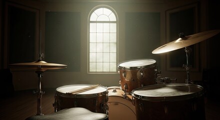 Obraz premium Acoustic drum kit in atmospheric music studio setting.