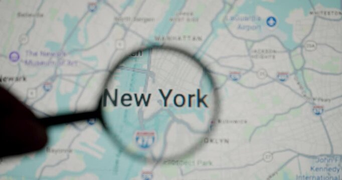 Magnifying glass passing over a digital map on a computer screen, stopping and focusing on the city of New York, representing concepts of research, travel planning, and destination discovery