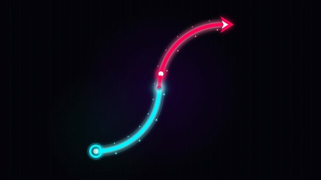 Glowing neon arrow path with gradient color transition on dark background