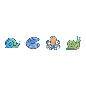 Gradient snail clam shell and octopus mollusks vector icons collection