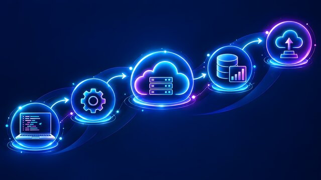 Glowing digital pipeline displaying the cloud computing migration process and software development deployment lifecycle
