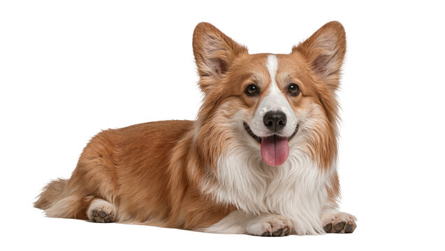 Fluffy Pembroke Welsh Corgi dog lying down, isolated on transparent background