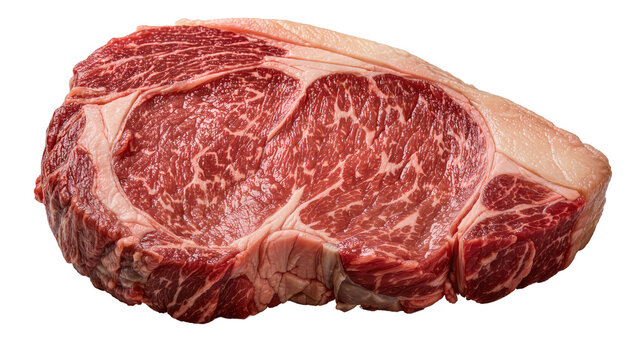 Thick raw marbled ribeye steak with fat cap, isolated on transparent background
