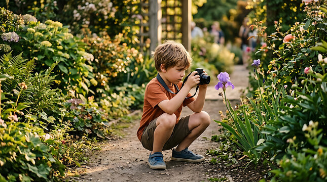 Young boy capturing a close-up shot of vibrant garden flowers with a camera in a lush outdoor setting