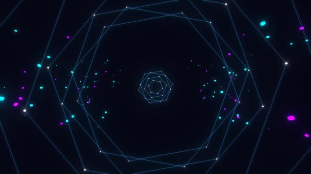 Abstract high-tech sci-fi background featuring a continuous flythrough inside a quantum computer data stream tunnel. Glowing cyan and magenta neon hexagonal gates pulsing with digital fragments. Seaml