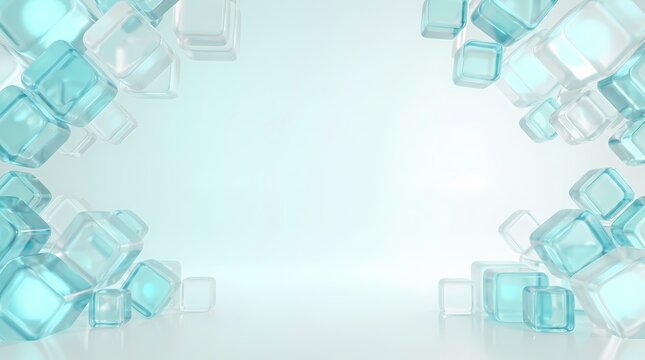Abstract blue transparent cubes floating in a white space with reflection.