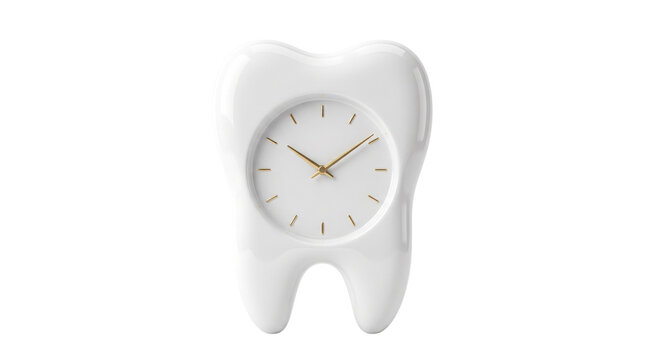 Dental clock shaped like a white tooth, molar tooth with analog clock face, dental appointment time concept, white ceramic tooth sculpture on white background