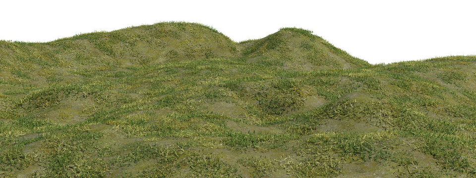 Textured rolling hills covered in dense green vegetation, natural landscape element with subtle color variations and organic forms, isolated cutout