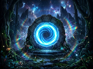 Obraz premium Magical portal digital illustration featuring a glowing blue energy vortex in an enchanted fantasy forest