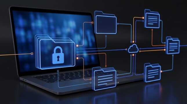 Digital data security concept with glowing folders lock icon and cloud connected to laptop on dark background