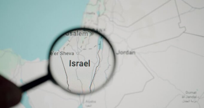 Magnifying glass moving over a map of the Middle East, focusing on the country of Israel, highlighting its borders, cities, and geographical context for research or travel planning