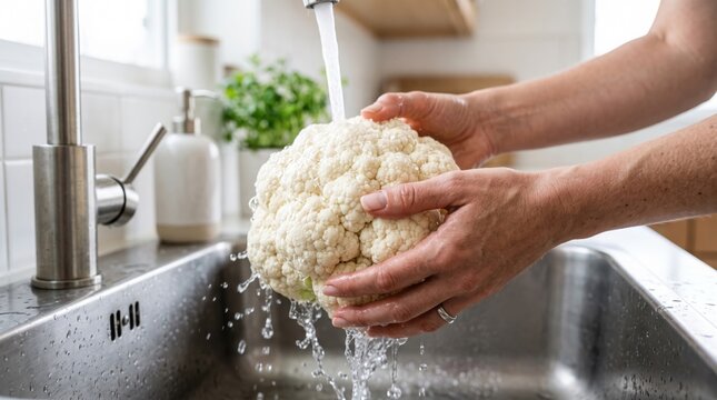 Fresh cauliflower being washed under kitchen faucet, hands cleaning raw organic vegetable in sink, healthy food preparation and hygiene
