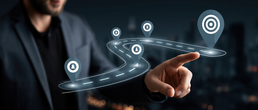 Forward thinking leader navigates a luminous virtual roadmap with milestone markers toward a target goal ideal for strategy, project planning, innovation, and digital transformation campaigns.