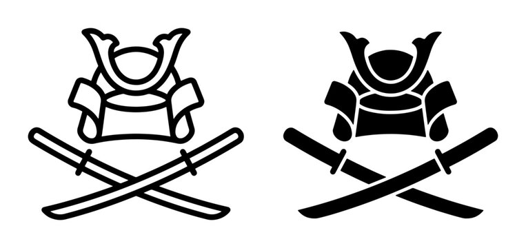 Samurai Helmet and Crossed Katana Swords Icon Set, Japanese Warrior Symbol, Bushido Emblem, Vector Art for Culture and History Projects