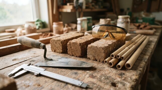 steel trowel, calipers, fiber-reinforced brick samples, safety goggles, and bamboo dowels on workshop bench