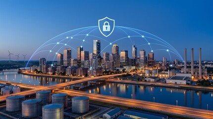 Fototapeta premium Smart city network connectivity with digital security shield over cityscape at dusk illustrating urban technology and data flow.