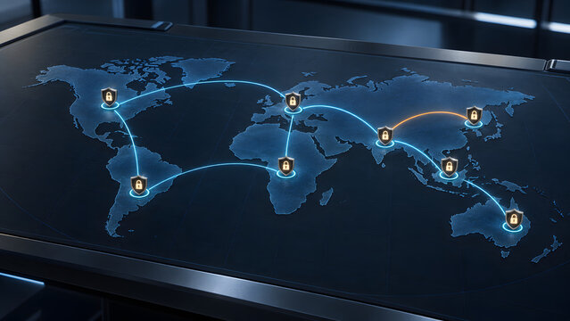 Global network of secure connections represented by shield icons with lock symbols on a digital world map illustrating cybersecurity and data protection across continents.