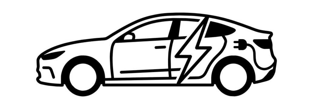 Simple black and white line art icon of an electric car with a lightning bolt charging symbol for eco friendly transportation design isolated on transparent background