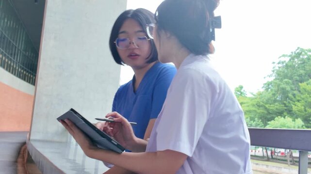Two medical students in scrubs talk together while holding a tablet on campus, portraying peer communication, friendship, medical education, and everyday student lifestyle