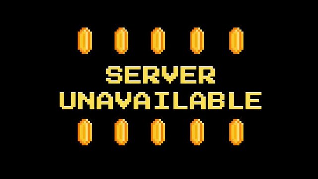 Retro pixel art game screen displays 'SERVER UNAVAILABLE' with golden coins, evoking nostalgia and digital error messages