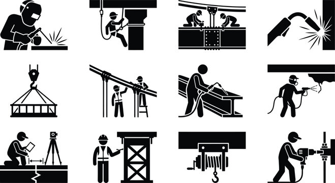 Welder and Steel Construction Worker Icons Set, Metal Fabrication, Welding Torch, Rigging, Structural Beam Assembly, and Industrial Labor Silhouettes Vector