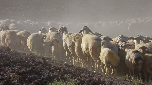 Dusty sheep herd near Mazar Sharif Afghanistan follows an S curve along rural road.