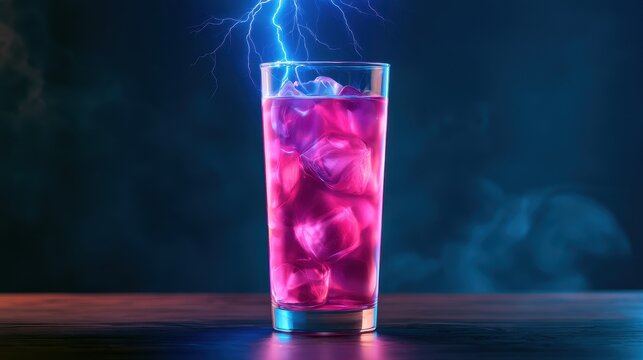 Pink cocktail with ice cubes and lightning striking the top in a dark background