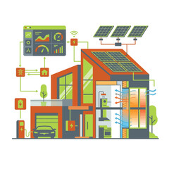 Obraz premium Sustainable Smart Home Energy Management System with Solar Panels, Electric Vehicle Charging Station, and Real-time Monitoring Dashboard Vector Illustration