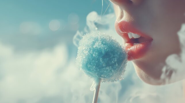 A close-up of glossy lips about to taste a blue sugar crystal lollipop. The frosty candy and soft pastel tones create a dreamy, sensual dessert scene.