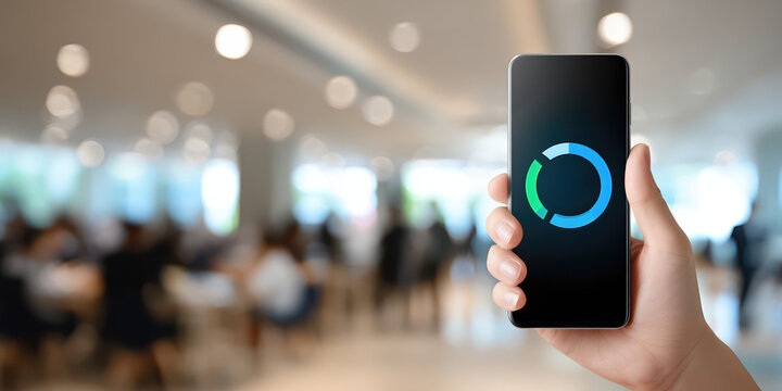 A hand holds a modern smartphone displaying a circular loading progress bar. The digital technology scene features a blurred office background and sleek device design.