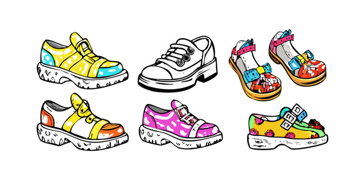 Set of fashionable colorful sneakers and casual shoes doodles