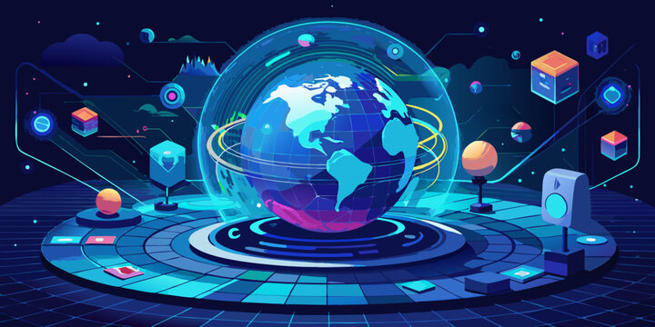 Futuristic Holographic Globe Visualization with Digital Data Connectivity and Cybernetic Tech Elements