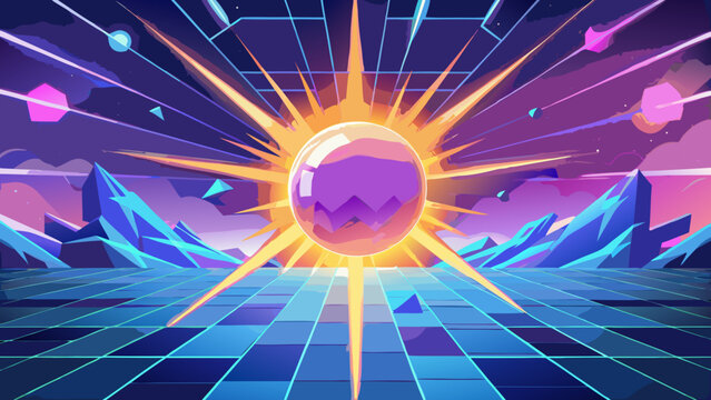 Abstract Synthwave Style Landscape Featuring a Radiant Glowing Sun Over a Neon Digital Grid Horizon
