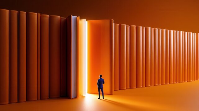 Person standing before open book with glowing light finding new path education through knowledge