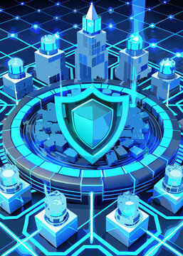 Futuristic Cybersecurity Fortress With Glowing Digital Shield Protecting Data Infrastructure and Network Nodes