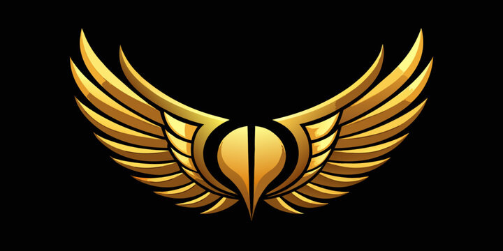 Elegant golden wings emblem with layered feathers, professional graphic design symbol on a black background