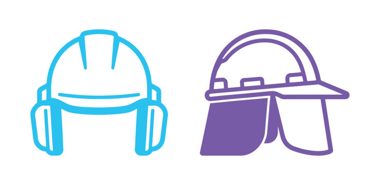 Two construction safety featuring a blue hard hat with ear muffs and a purple hard hat with a neck shade on a white background