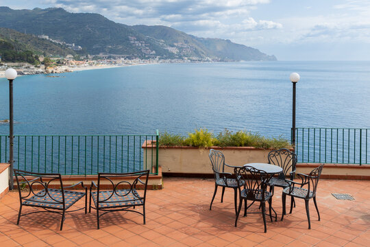 sea scape patio porch for relaxation lay and rest with beautiful water bay and mountain background scenic
