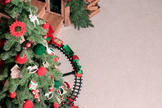 Christmas tree decorated festive colorful toys and objects wallpaper background pattern background empty copy space
